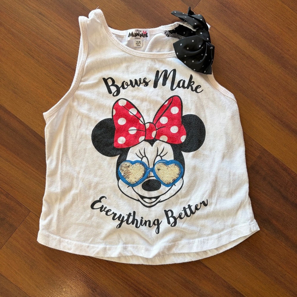 Disney Minnie Mouse Girls White Tank Top Sequin Sunglasses 3D Bow Size 7/8‎ M